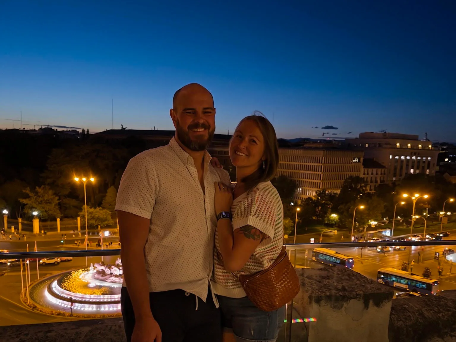 Crystal and I on a rooftop overlooking Madrid at night